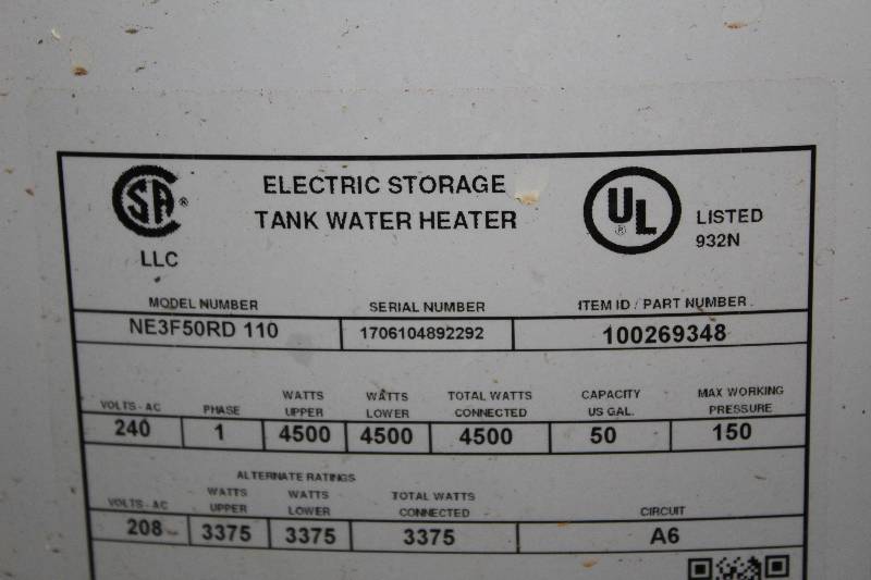 US Craftmaster Electric 50 Gallon Water Heater (Used) Hudson Surplus