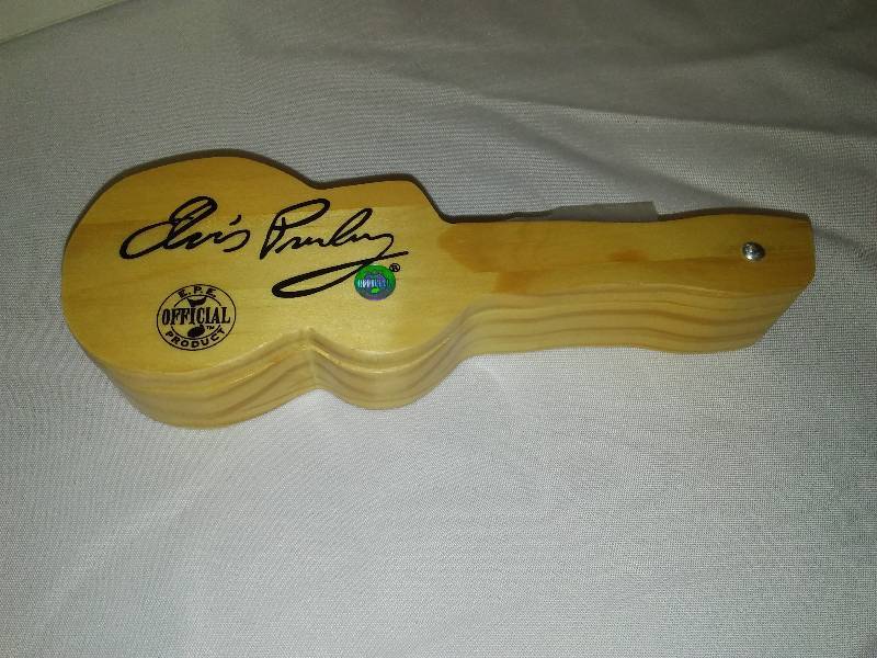 lot 13 image: Elvis Presley Wooden Guitar Box with Pen inside, NEW