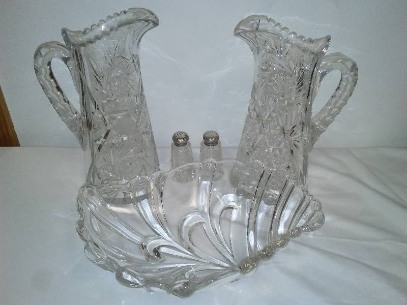 lot 75 image: Lead Crystal Pitchers (2), bowl, Salt and Pepper