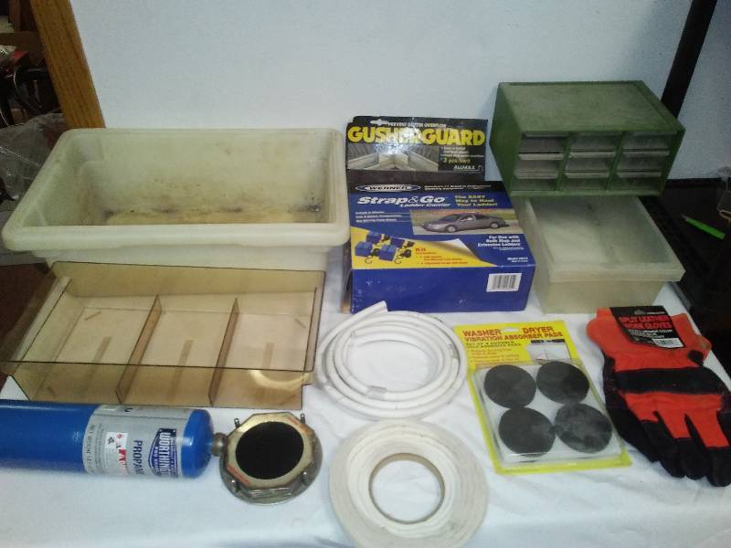 lot 85 image: New Werner Strap N Go ratchets, leather gloves, storage, propane tank and more