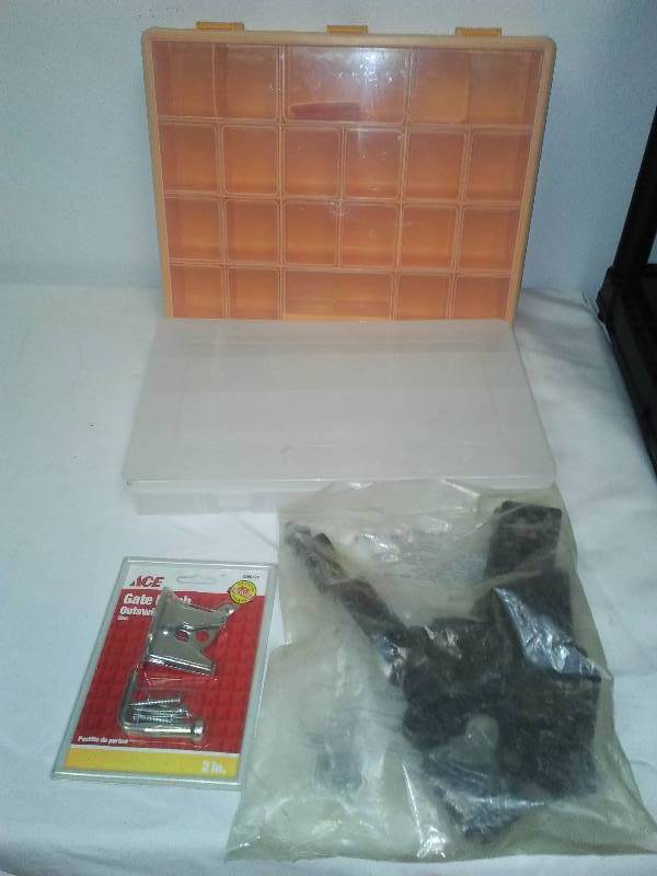 lot 86 image: Storage bins, gate latches and hose