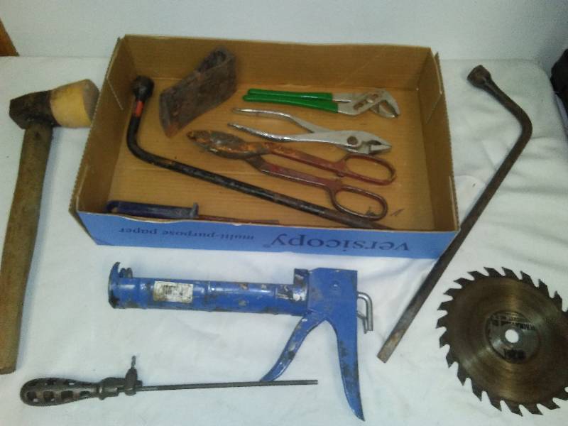 lot 96 image: Vintage Tools, channel lock, large pliers, snips axe head and more