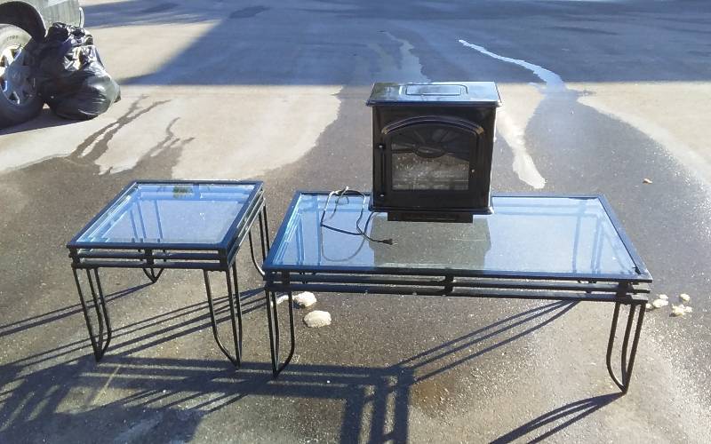 lot 10 image: Small Electric Fire Place By Decor Flame, 2-Glass Top Tables