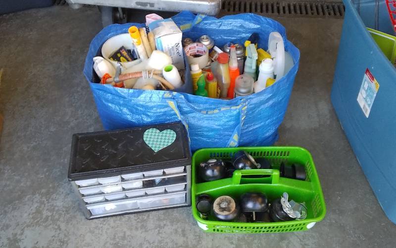 lot 19 image: Large Lot Of Cleaning Supplies, Parts Organizer, Hardware, Casters, Painting Supplies