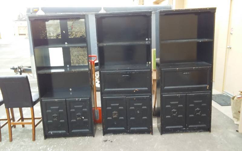 lot 26 image: 3-Painted Wood Book Shelves (2-Have Drop Front Writing Desks)