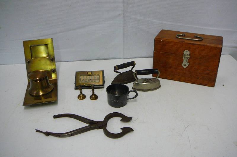 lot 22 image: Lot of Small Items Irons, Cup, Wooden box, Colander, Snips, Candle holders