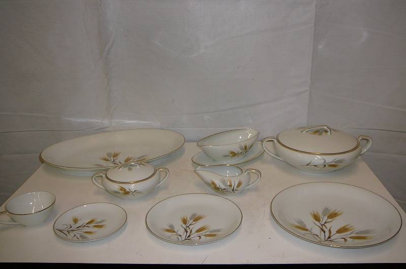 lot 25 image: Noritake china, Wheat pattern , 11 Dinner Plates 12 Soup Bowls 12 Salad plates 12 Dessert Plates 12 Sauce dishes 12 Saucers 12 cups Creamer Gravy Bowl Large Plate
