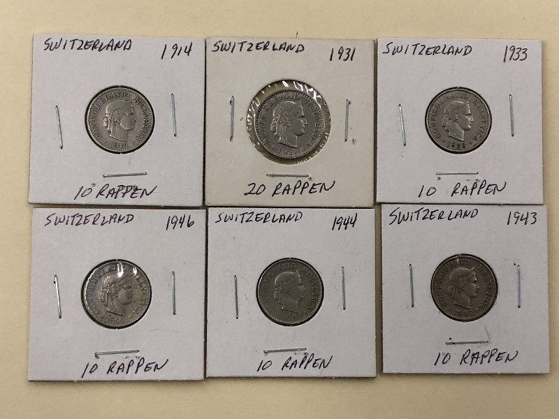 5 different old coins from Switzerl...