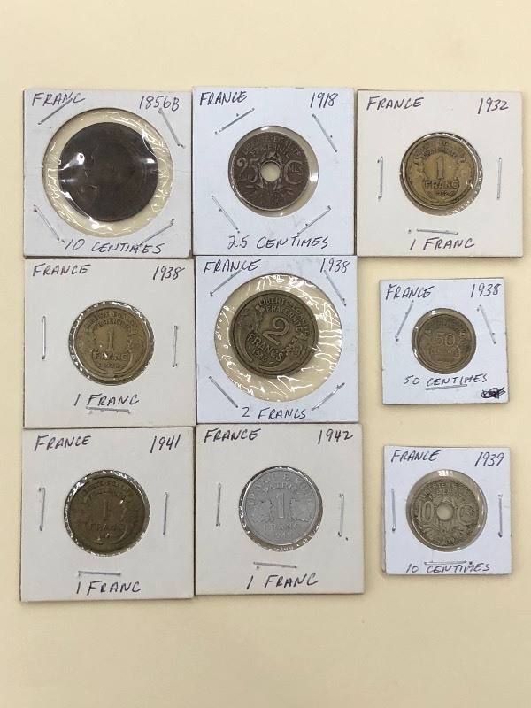 9 different old coins from France ...