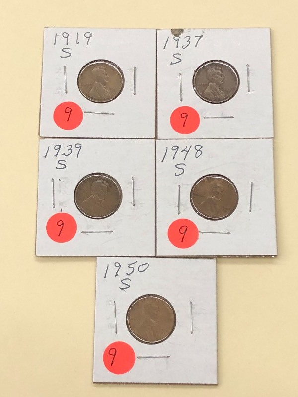 (5) Lincoln Cents 1919-S, 1937-S, ...