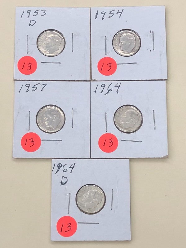 (5) Roosevelt Silver Dimes 1953-D,...
