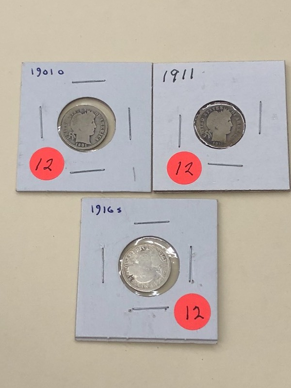 (3) Barber Silver Dimes 1901-D, 19...