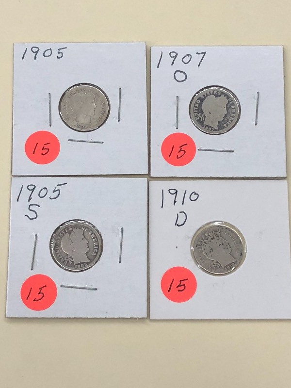 (4) Barber Silver Dimes 1907-O, 19...