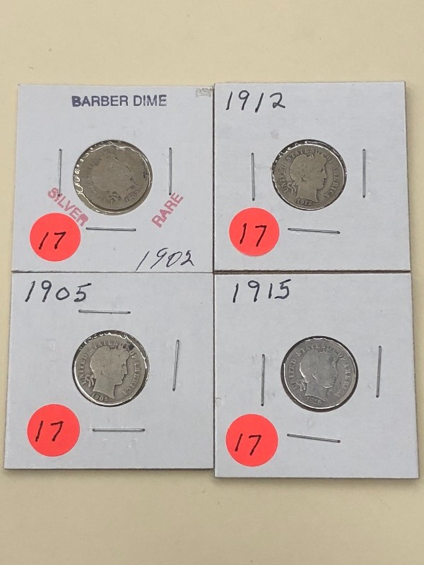 (4) Barber Silver Dimes 1902, 1905...