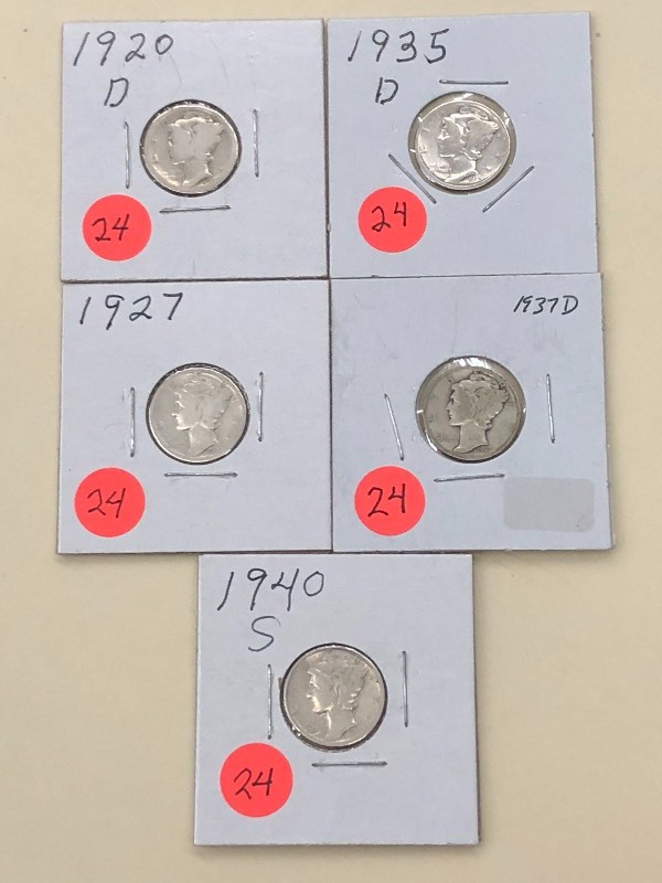 (5) Mercury Silver Dimes 1920-D, 1...