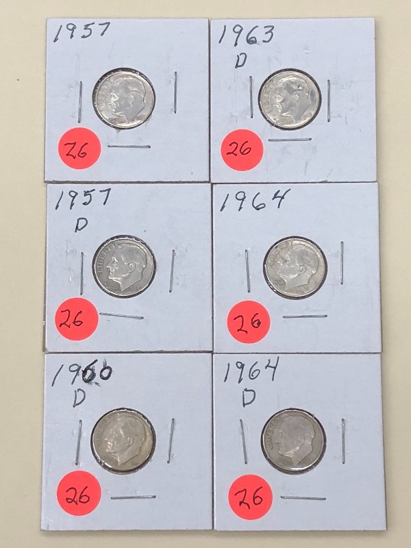(6) Roosevelt Silver Dimes 1957, 1...