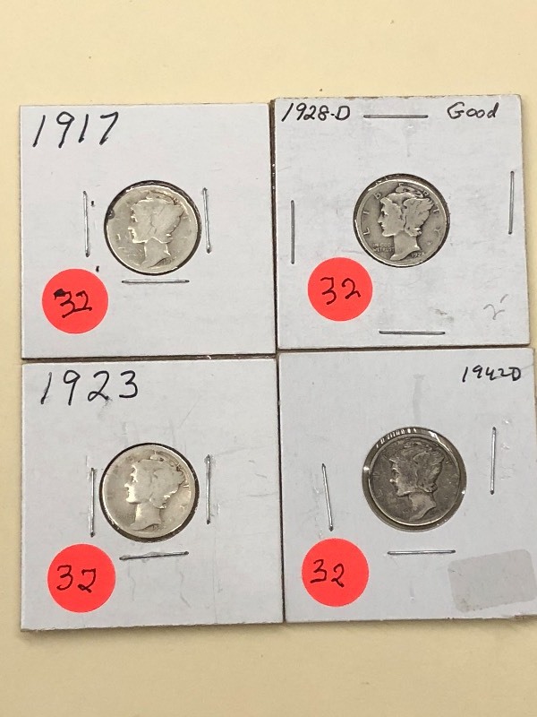 (4) Mercury Silver Dimes 1917, 192...