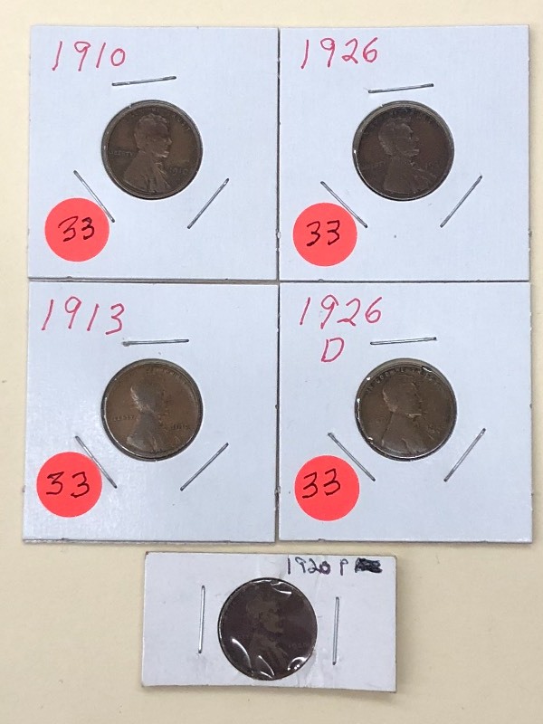 (5) Lincoln Cents 1910, 1913, 1926...