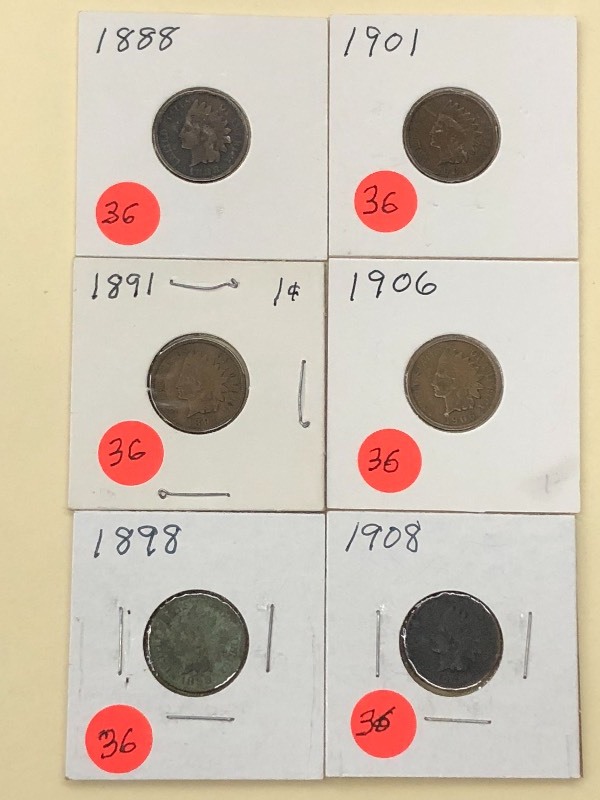 (6) Indian Head Cents 1888, 1891, ...