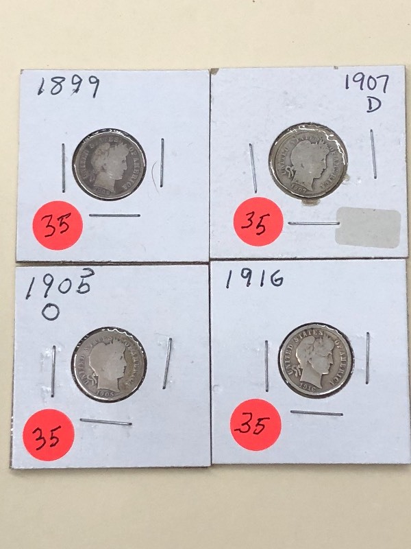 (4) Barber Silver Dimes 1899, 1905...
