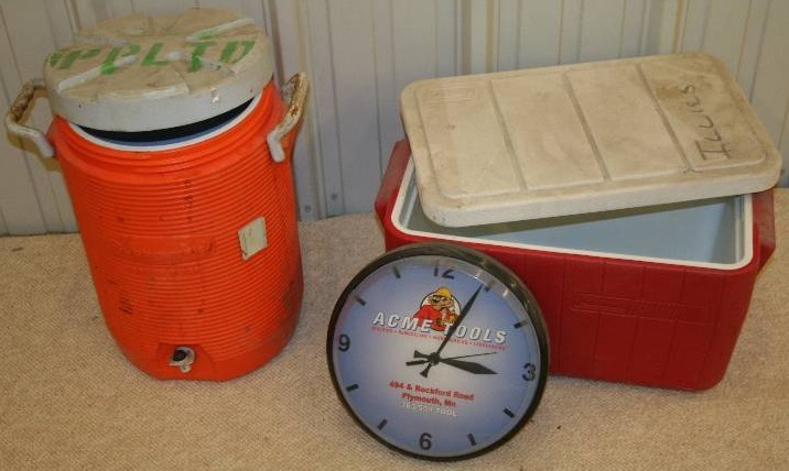 lot 147 image: Cooler, Beverage Dispencer, and Wall Clock