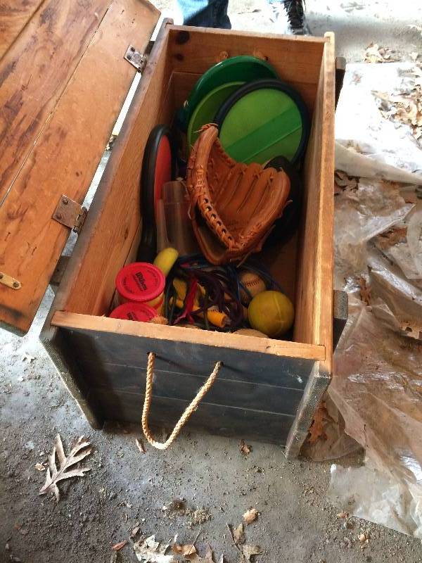 lot 11A image: Sporting Goods Lot In Toy Box - Mitt Glove - Tennis Balls - Box Not Included 
