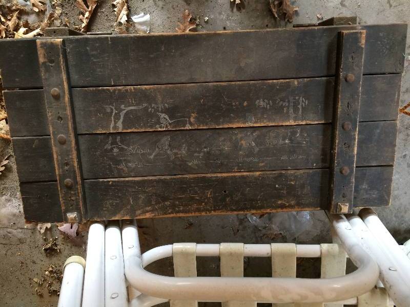 lot 11 image: WOW Antique Toy Trunk Chest Box Pallet Style Rope Handles - Check Out The Boy Fishing Stencils On It - Sturdy RARE  Contents Not Included
