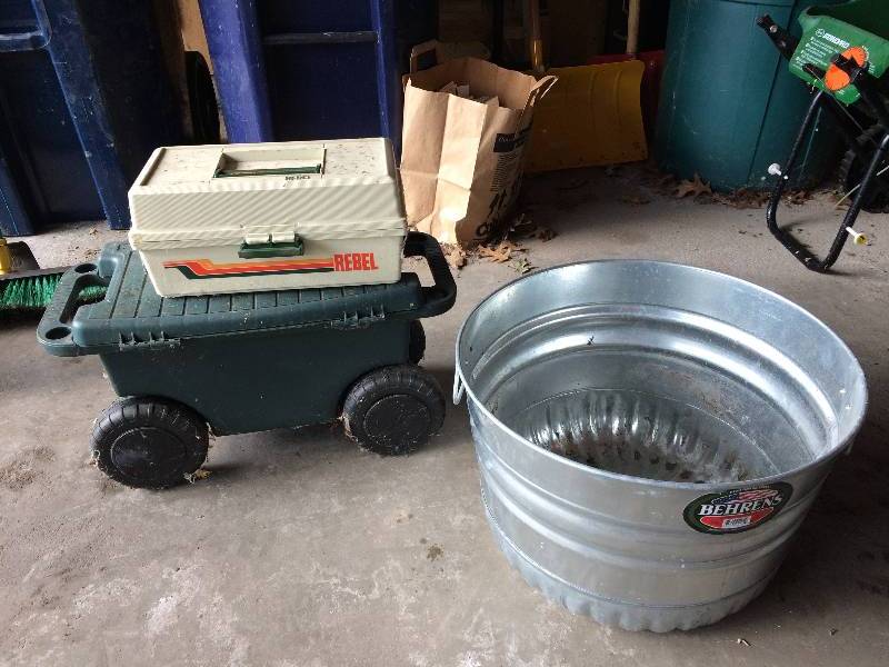 lot 27 image: Garden Tote, Galvanized Steel Bin, and TackleTool Box - All in Good Condition.