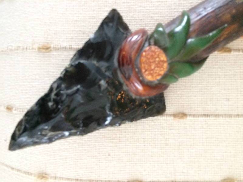 lot 47 image: Large Vintage Sharp Tomahawk Rain Stick Ornate Carved Obsidian Figure Ceremonial Hatchet Native Art