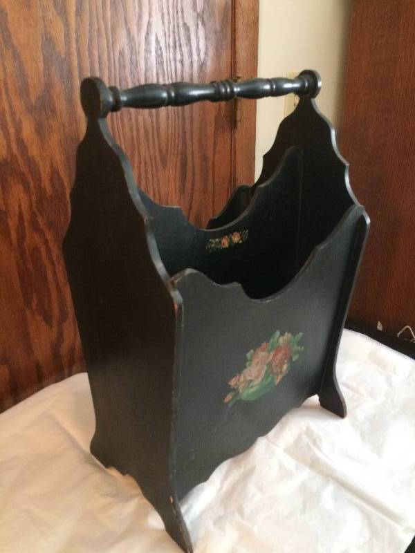 lot 54 image: Antique Wood Black Magazine  Yarn Rack Storage 