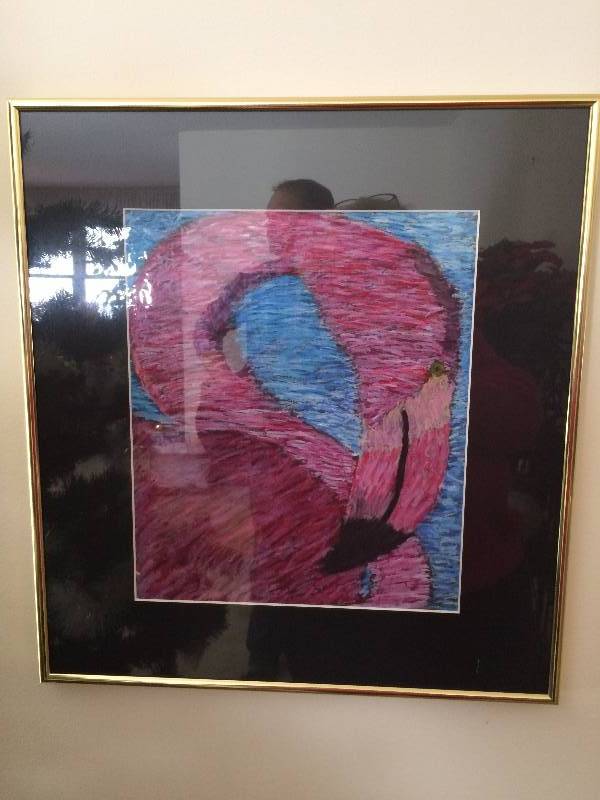 lot 115 image: Beautiful Pink Flamingo Artwork - 17 x 19