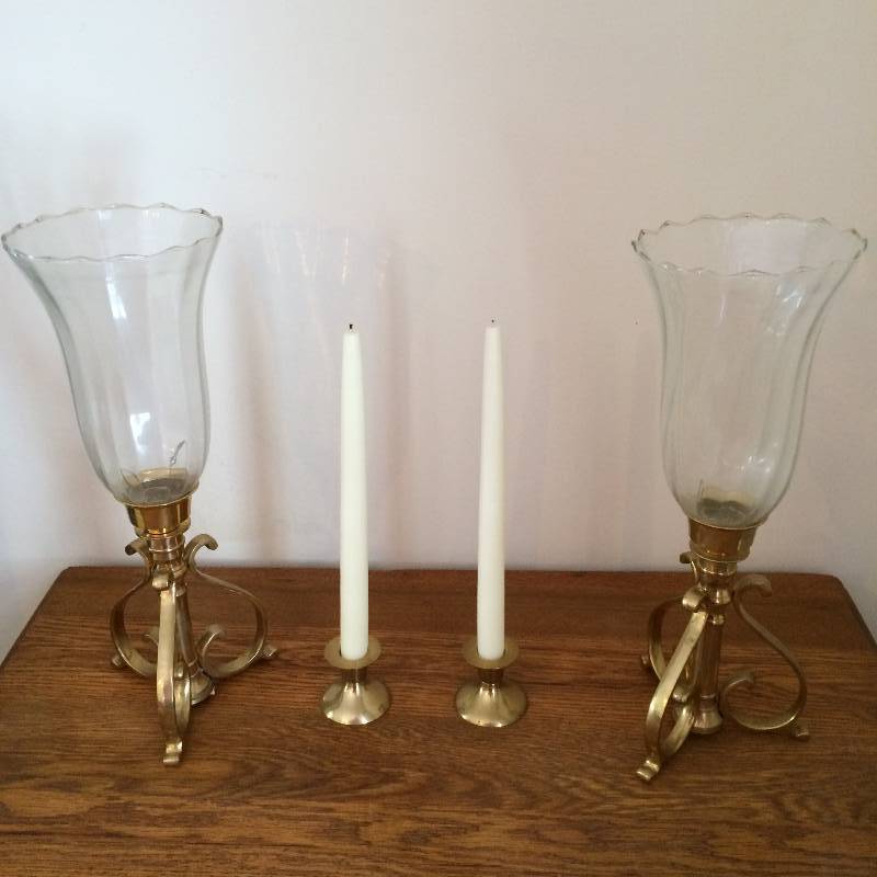 lot 121 image: Solid Brass Glass Hurricane Candleholders - Excellent Condition
