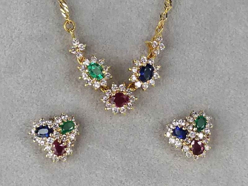 lot 14 image: Shane Co. Emerald, Ruby, and Sapphire Diamond Pendant and Earring Set in 14k Gold - $3800 Retail