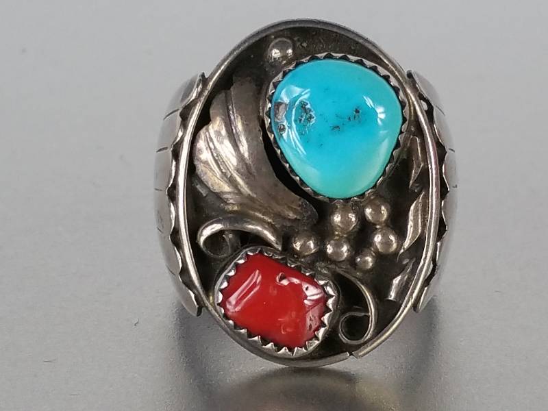 lot 27A image: Large Turquoise and Coral Sterling Silver Ring