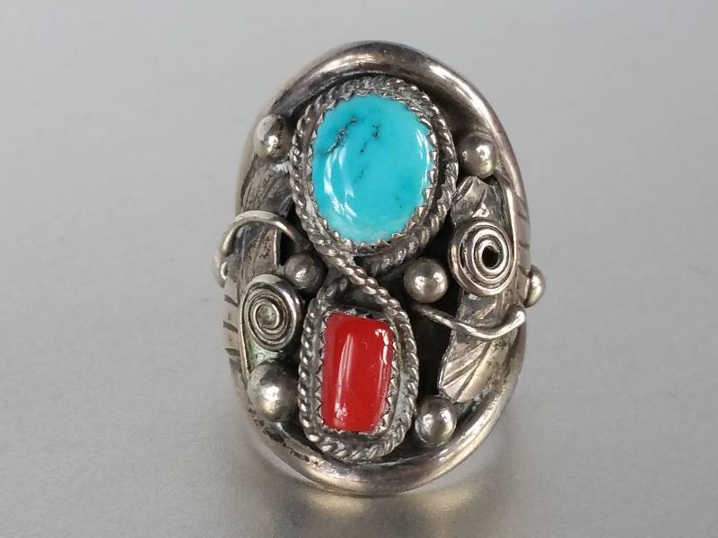 lot 29A image: Large Turquoise and Coral Sterling Silver Ring