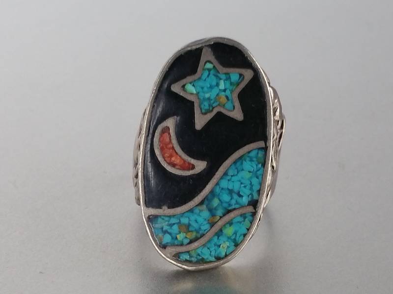 lot 29B image: Large Inlaid Turquoise and Coral Sterling Moon and Stars Silver Ring