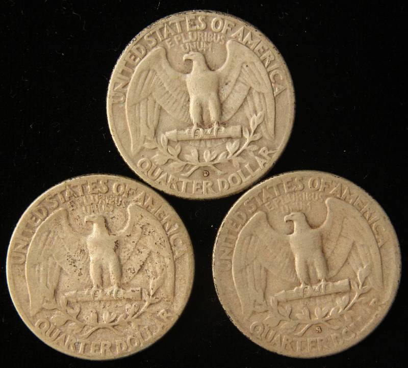3 SILVER WASHINGTON QUARTERS  1950, 1950-D, 1950-S