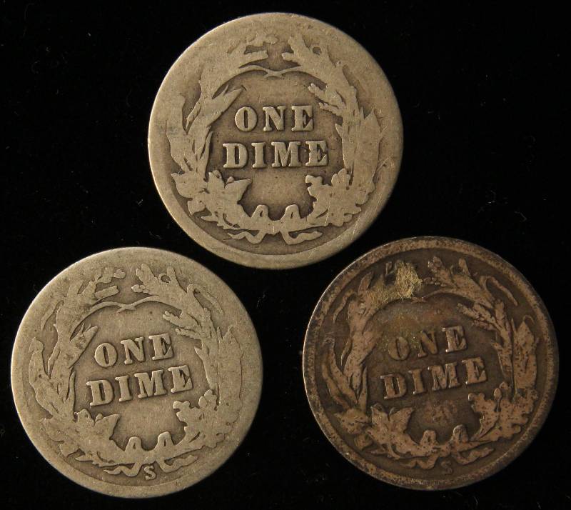 3 SILVER BARBER DIMES 1911, 1912-S, 1915-S