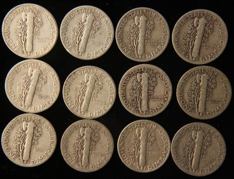 GROUP OF 12 US MERCURY SILVER DIMES F-XF