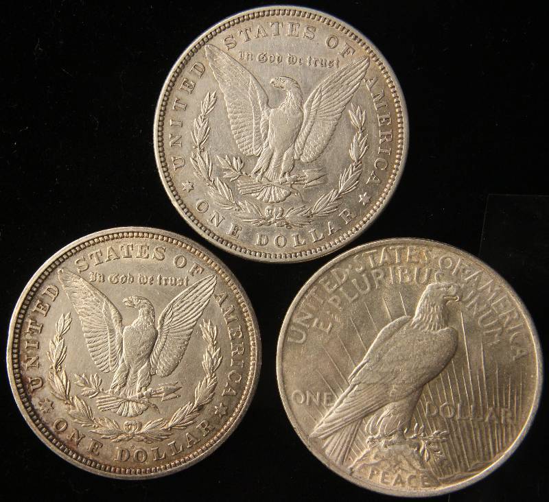 3 SILVER DOLLARS 1885, 1921, 1922 AU50-AU58