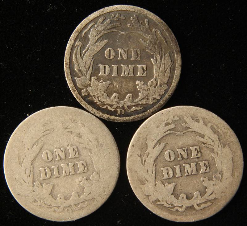 3 BARBER SILVER DIMES 1907-O, 1909-O, 1910