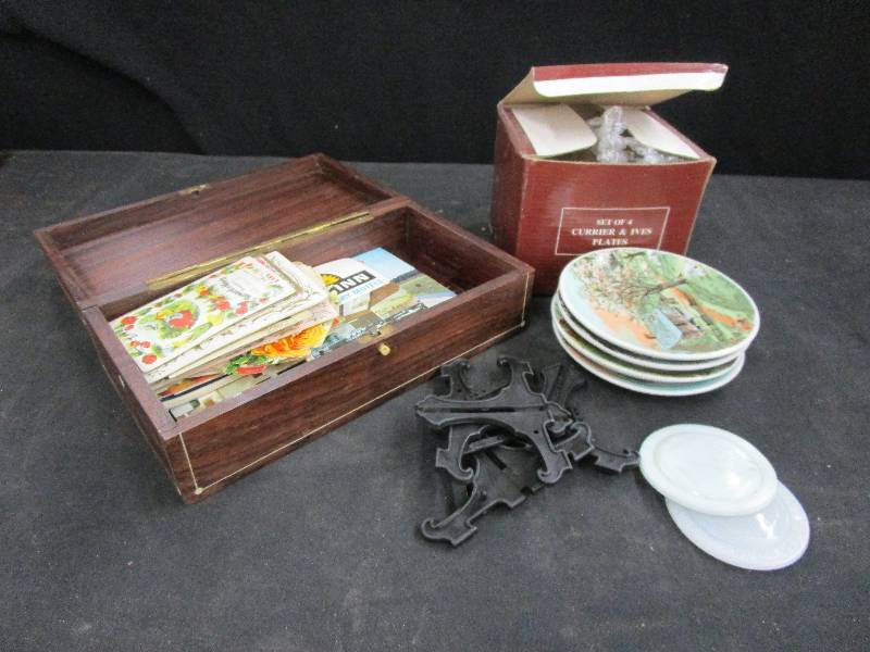 lot 3 image: Old Valentines, postcards, Curier and Ives plates with stands, hankie box and old jar lids