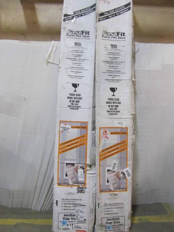 lot 32 image: Ideal Pet 7 in. x 11.25 in. Medium White Aluminum Pet Patio Door Fits 93.75 in. to 96.5 in. Tall Sliding Glass Alum. Door (x2)