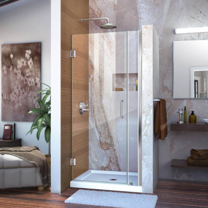 lot 43 image: DreamLine Unidoor 35 in. x 72 in. Semi-Frameless Pivot Shower Door in Chrome with Handle