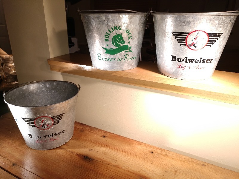 lot 7 image: Budweiser Lager Beer (2) and Rolling Rock (1) &nbspGalvanized&nbspBeer Buckets