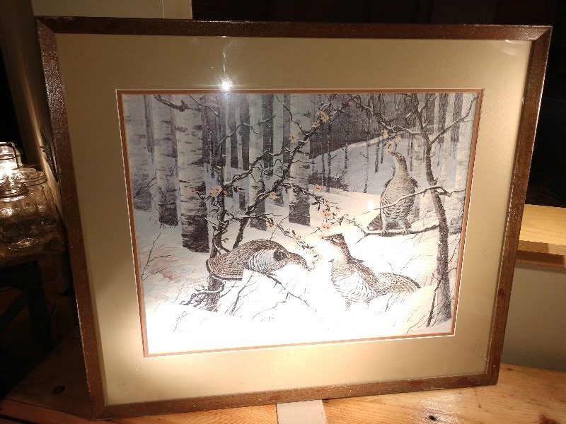 lot 16 image: Les C. Kouba Framed Wildlife Art Print Featuring Grouse, Birch Trees and Snow
