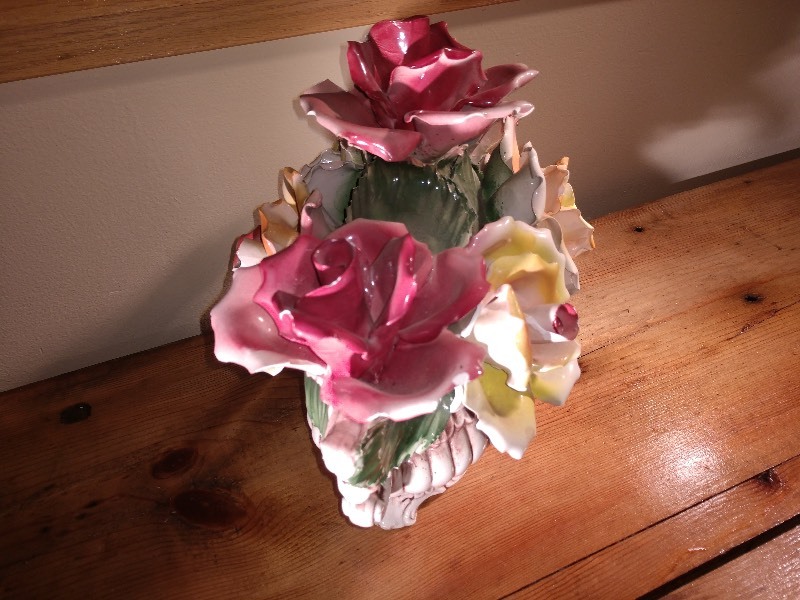 lot 17 image: Capodimonte Italian Porcelain Seven Rose Flower Basket Centerpiece w Makers Mark