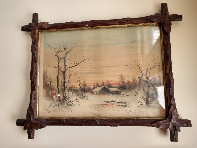 lot 29 image: Wood Framed Portrait of a Cabin in the Woods, Large Ornate Frame, Framed Painting of Row Boat and Stone Bridge in Woods