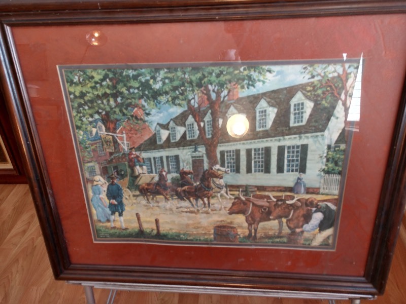 lot 30 image: G. Braque, The Purple Tablecloth, 1936, Framed Print, Richard Judson Zolan, The Path to Home, Framed Art Print, Vernon Wooten Framed Painting of Colonial Neighborhood w Horses pulling Carriage