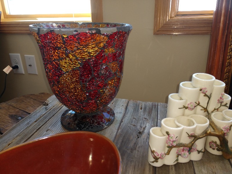 lot 38 image: Floral Pottery Vase, Irregular Shaped Bowl, Japanese Blossoms Candle Holder, Red and Gold Mosaic Glass Vase, White Angel Home Decor Piece